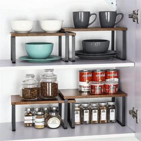 img 1 attached to 🏺 Set of 4 Stackable Wooden Counter Shelves - Kitchen & Bathroom Cabinet Organizer, Expandable Countertop Racks in Brown