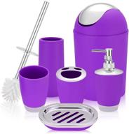 🛁 plastic bath ensemble set: 6-piece bathroom accessories kit - lotion bottles, toothbrush holder, tooth mug, soap dish, toilet brush, trash can (purple) logo