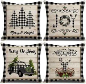 img 4 attached to 🎄 KACOPOL Christmas Buffalo Plaids Pillow Covers - Christmas Tree Truck Farmhouse Decor Throw Pillow Case Cushion Cover 18" X 18" 4 Pack - Christmas Plaids & Joy Holiday Decorations