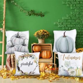 img 2 attached to 🎃 Blue-Gray Pumpkin Throw Pillow Covers - Set of 4 Autumn Decorations for Halloween & Thanksgiving (18 X 18 Inch)