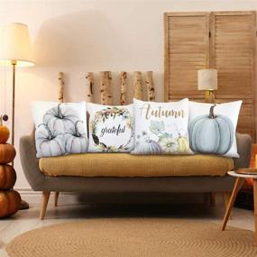 img 1 attached to 🎃 Blue-Gray Pumpkin Throw Pillow Covers - Set of 4 Autumn Decorations for Halloween & Thanksgiving (18 X 18 Inch)