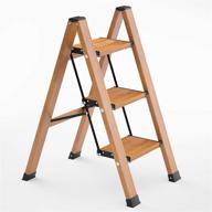 330lbs lightweight aluminum woodgrain step stool - foldable 3 step ladder with anti-slip pedal for household, kitchen, and space saving logo