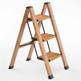 img 4 attached to Лестница 330 фунтов, легкая алюминиевая с деревянным рисунком - складная трехступенчатая лестница с противоскользящей педалью для дома, кухни и экономии места