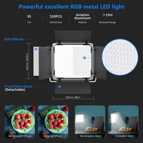 img 3 attached to Neewer 530 RGB светодиодный свет с управлением приложением, 528 SMD светодиодами, 95 CRI, регулируемой цветовой температурой и яркостью, 9 режимами сцен, ЖК-экраном, U-образным держателем, барндорами, металлическим корпусом для фотографии.