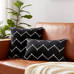 img 3 attached to 🌸 Boho Pillow Covers Set: Stylish 18 x 18 Black Throw Pillow Covers with White Chevron Dot Print for Sofa Couch Bed Décor