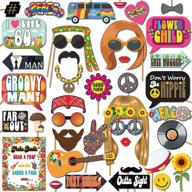 🌼 get groovy with 1960s hippie party throwback photo booth props - 41 pieces with wooden sticks and strike a pose sign by outside the booth logo