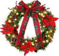 🎄 large 24" poinsettia christmas wreath with lights, red checkered bow, pine cones, berries, and timer for front door decor - ideal xmas decoration for home логотип