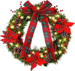 img 4 attached to 🎄 Large 24" Poinsettia Christmas Wreath with Lights, Red Checkered Bow, Pine Cones, Berries, and Timer for Front Door Decor - Ideal Xmas Decoration for Home