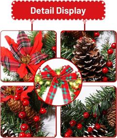 img 2 attached to 🎄 Large 24" Poinsettia Christmas Wreath with Lights, Red Checkered Bow, Pine Cones, Berries, and Timer for Front Door Decor - Ideal Xmas Decoration for Home