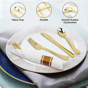 img 1 attached to 🍽️ 50 Piece Gold Plastic Silverware Set with Pre Rolled Napkins - Disposable Flatware with White Napkins - Includes 50 Forks, 50 Knives, 50 Spoons, and 50 Napkins