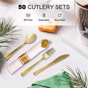 img 2 attached to 🍽️ 50 Piece Gold Plastic Silverware Set with Pre Rolled Napkins - Disposable Flatware with White Napkins - Includes 50 Forks, 50 Knives, 50 Spoons, and 50 Napkins