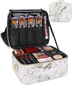 img 4 attached to 💄 Мраморная косметичка - косметический чемодан с регулируемыми перегородками, хранением для кистей и органайзером для путешествий для женщин - двухслойный макияжный сумочка