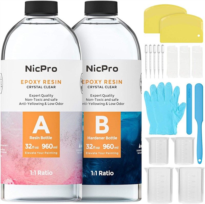 Nicpro 32 Ounce Crystal Clear Epoxy Resin Kit, DIY Starter Epoxy Resin Supplies with 4 Measuring Cups, 2 Silicone Sticks, Gloves, Spreader for Craft