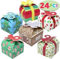 christmas goody gift boxes set - 24 pieces of 3d xmas goodie paper boxes with bow for holiday treats, parties, and school supplies logo