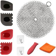 🧼 premium 9-pack cast iron cleaner set: xl stainless steel chainmail scrubber with silicone handle holder, pan/grill scrapers, and kitchen towel logo