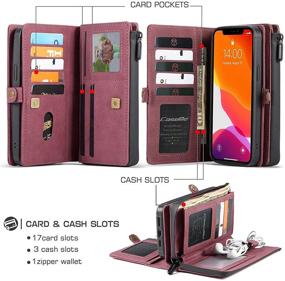 img 3 attached to 📱 CASEME iPhone 12/Pro Wallet Case - Detachable Zipper Leather Magnetic Pocket Case with 15 Card Slots - Red