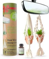 cute rear view mirror accessories for women - 2 pcs interior set with hanging boho car decor, fake plants, and essential oil logo