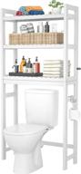bamboo over-the-toilet storage rack: 3-tier space saver organizer with anti-tilt design and 3 hooks for laundry, balcony, porch - white logo