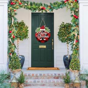 img 2 attached to LYNNC Christmas Hanging Sign with Santa Hat: Rustic Wooden Christmas Wreath Decor in Buffalo Plaid for Home and Outdoor