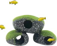 π pinvnby stone aquarium hideaway decoration: resin cichlids rock decor with artificial moss - betta cave, fish tank ornament for shrimp, short bream, crayfish - mossy hideout shelter tunnel (m) logo