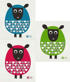 img 4 attached to 🧽 Jenn Ski's Modern Sheep Design Reusable Sponge Cloth Set - Trendy Tripper Swedish Dishcloth Packs, including Bright Green, Turquoise, and Red (3-Pack)