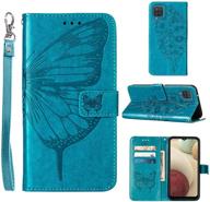 🦋 a12 phone case wallet for galaxy a12 case - protective butterfly floral embossed pu leather flip cover with kickstand, wrist strap, and card holder slots - blue logo