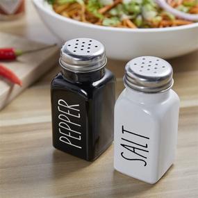 img 3 attached to Farmhouse Salt and Pepper Shakers Set: Vintage Glass Black and 🌾 White Decor with Stainless Steel Lid - Ideal for Home, Restaurants, and Weddings