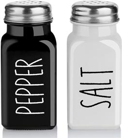 img 4 attached to Farmhouse Salt and Pepper Shakers Set: Vintage Glass Black and 🌾 White Decor with Stainless Steel Lid - Ideal for Home, Restaurants, and Weddings