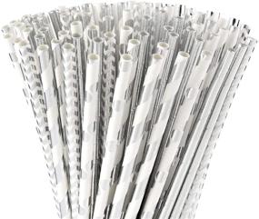 img 4 attached to 🥤 ALINK Biodegradable Silver Paper Straws Bulk - Pack of 100: Metallic Foil Striped/Wave/Dots Straws for Various Events & Party Decorations