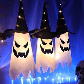img 2 attached to 👻 UOUDIO Halloween Decorations Outdoor Hanging Lighted Glowing Ghost Witch Hat | Indoor Outside Ornaments Clearance Halloween Party Lights String for Yard Tree Garden (3Pcs)