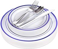 🍽️ fancy disposable plates with cutlery - 125 piece blue plastic party plates and silverware for weddings, party, baby shower, birthday, holiday - service for 25 guests – blue rim disposable dinnerware set logo