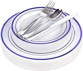 img 4 attached to 🍽️ Fancy Disposable Plates with Cutlery - 125 Piece Blue Plastic Party Plates and Silverware for Weddings, Party, Baby Shower, Birthday, Holiday - Service for 25 Guests – Blue Rim Disposable Dinnerware Set