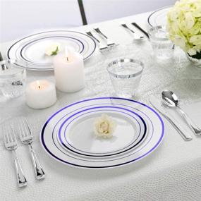 img 3 attached to 🍽️ Fancy Disposable Plates with Cutlery - 125 Piece Blue Plastic Party Plates and Silverware for Weddings, Party, Baby Shower, Birthday, Holiday - Service for 25 Guests – Blue Rim Disposable Dinnerware Set