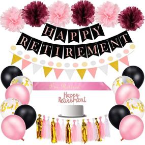 img 4 attached to 🎉 Complete Retirement Party Decorations for Women: Happy Retirement Banner, Pennant Circle Dot Bunting, Tassel Garland, I'm Retired Sash, Tissue Paper Pom Poms, Black Rose Gold Balloons, Big Cake Topper Decor - 39 Pieces