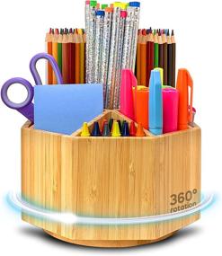 img 4 attached to Bamboo Rotating Desk Pen Holder: 325+ Pencil Organizer with 9 Compartments - Swivel Desk Stationery Caddy for Office, Art Supplies, and Markers