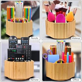 img 3 attached to Bamboo Rotating Desk Pen Holder: 325+ Pencil Organizer with 9 Compartments - Swivel Desk Stationery Caddy for Office, Art Supplies, and Markers