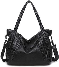 img 3 attached to 👜 Женская большая черная сумка со складками на плече, плетеная хобо-сумка через плечо