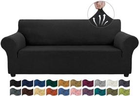 img 4 attached to 🛋️ Asnomy Large Black Stretch Sofa Covers for 3 Cushion Couch - Slipcovers, Pet Protector Furniture Covers for Dogs Cats - Spandex Jacquard Fabric with Small Checks