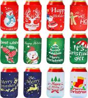 christmas beer can cooler sleeves, set of 12 neoprene can sleeves – soda beer caddies, collapsible & reusable thermocoolers for christmas party decorations supplies (12 festive styles) логотип