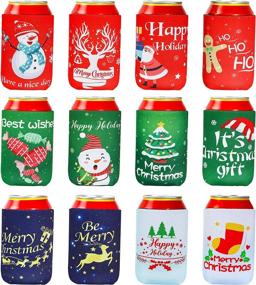 img 4 attached to Christmas Beer Can Cooler Sleeves, Set of 12 Neoprene Can Sleeves – Soda Beer Caddies, Collapsible & Reusable Thermocoolers for Christmas Party Decorations Supplies (12 Festive Styles)