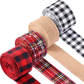 img 4 attached to 🎁 Set of 4 Christmas Buffalo Plaid Ribbons - 26 Yards x 2 Inches - Burlap Check Ribbons in Red, White, and Black - Wired Edge Ribbons for Gift Wrapping, Crafts, and Decoration