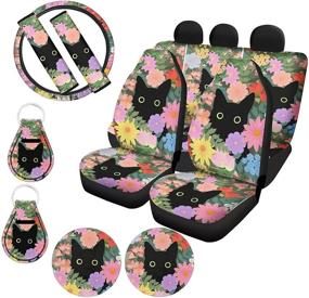 img 4 attached to WELLFLYHOM Black Cat Car Seat Covers Full Set Cartoon Floral Auto Front Rear Backrest Seat Protector