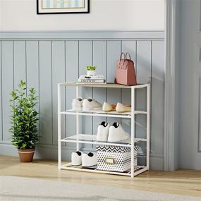 img 3 attached to Gadroad Shoe Rack: Sturdy Metal 4-Tier Organizer with Wood Top - Stackable Shoe Tower for Hallway, Garage, Closets - Holds 9 Pairs - White Oak