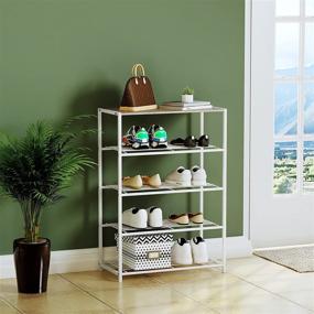 img 1 attached to Gadroad Shoe Rack: Sturdy Metal 4-Tier Organizer with Wood Top - Stackable Shoe Tower for Hallway, Garage, Closets - Holds 9 Pairs - White Oak