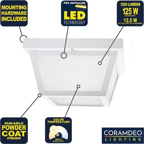 img 3 attached to 🏠 CORAMDEO 9.25” Square Ceiling Light Fixture - Ideal for Porch, Entry, and Outdoor Hallway - Damp Location Rated - Integrated LED Provides 125W Equivalent Brightness - 1200 Lumens, 3000K Color Temperature - White Powder Coat Finish with Frosted Glass