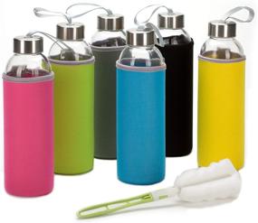 img 4 attached to 🍶 Set of 6 Glass Water Bottles, 18oz for Juices and Beverages - Stainless Steel Leak Proof Caps with Carry Loop - Includes 6 Black Nylon Sleeve and Cleaning Brush for Better Convenience