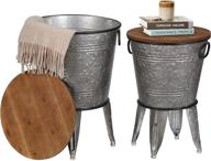 rustic storage farmhouse accent side table set of 2 - antique galvanized metal end coffee cocktail table bin with round wooden lid (galvanized), hc2009wt, one size logo