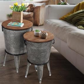 img 2 attached to Rustic Storage Farmhouse Accent Side Table Set of 2 - Antique Galvanized Metal End Coffee Cocktail Table Bin with Round Wooden Lid (Galvanized), HC2009WT, One Size