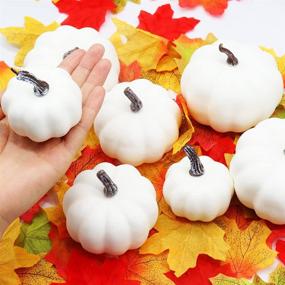 img 3 attached to 🎃 12PCS Assorted Size White Artificial Pumpkins with Fall Leaves - Perfect for Thanksgiving and Halloween Decorating