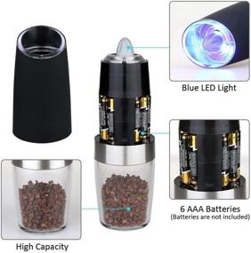 img 1 attached to 🧂 Adjustable Thickness Electric Gravity Pepper Grinder & Salt Grinder, Battery-operated Automatic Pepper Grinder with Blue LED Light, DLD One-hand Operation, in Brushed Stainless Steel (Matte Black)